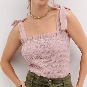 By Anthropologie Smocked Cami Tie Tank Top Small Tulle Rose Pastel Dusty Pink